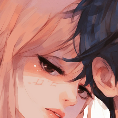 Image For Post | Two characters in slight touch, eye-contact, watercolor style with soft hues. pfp matching for couple models pfp for discord. - [pfp matching, aesthetic matching pfp ideas](https://hero.page/pfp/pfp-matching-aesthetic-matching-pfp-ideas)