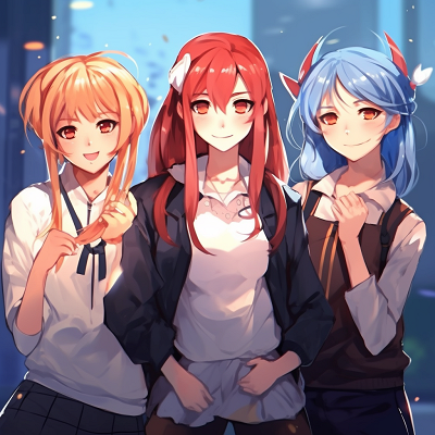 Image For Post | Action-oriented depiction of a female anime trio, highlighting their unique hairstyles and outfits. girl anime trio pfp pfp for discord. - [Anime Trio PFP](https://hero.page/pfp/anime-trio-pfp)