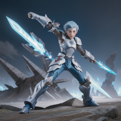 Image For Post Anime Art, Fearless armored warrior, icy blue hair in a spiky style, standing on a ravaged battlefield