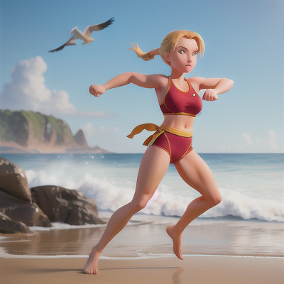 Image For Post Anime Art, Gifted martial artist, golden hair tied in a high ponytail, sprinting across a sunlit sandy beach