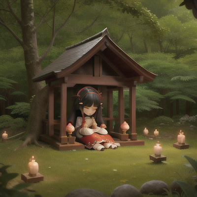 Image For Post Anime Art, Slumbering shrine maiden, ebony hair adorned with a floral hairpin, in a peaceful forest shrine