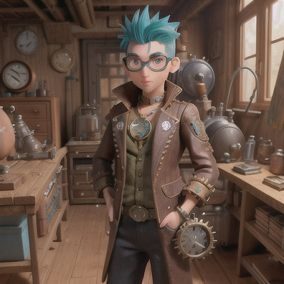 Image For Post Anime Art, Fearless steampunk inventor, spiky teal hair and goggles, inside a chaotic workshop