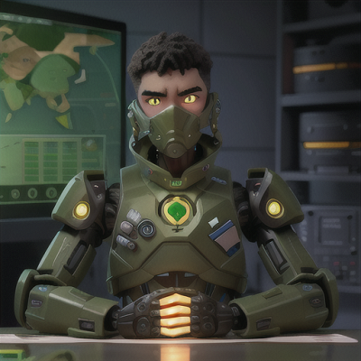 Image For Post Anime Art, Ruthless cyborg general, half-human face with glowing green eye, in a high-tech military command center
