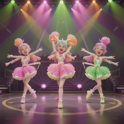 Image For Post Anime Art, Multi-talented idol trio, harmonious blend of pastel-colored hair, on a dazzling stage illuminated with spot