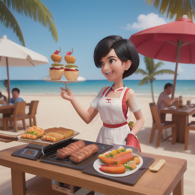 Image For Post Anime Art, Enthusiastic BBQ master, tall with spiky black hair, at a beachfront park