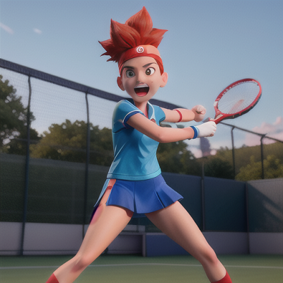 Image For Post Anime Art, Dynamic tennis player, spiky red hair, floodlit tennis court