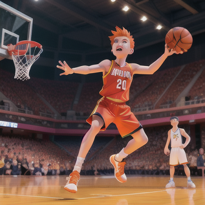 Image For Post Anime Art, Determined athlete boy, spiky orange hair and fiery eyes, on a brightly-lit basketball court
