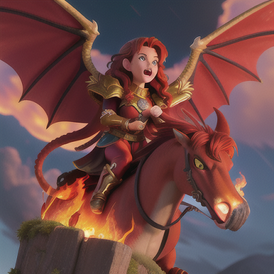 Image For Post Anime Art, Legendary dragon warrior, auburn hair streaked with fire, soaring through a stormy sky on her dragon compani