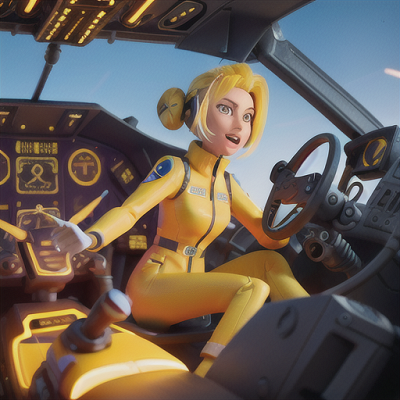 Image For Post Anime Art, Fearless pilot woman, electric yellow hair in a tight bun, inside a high-tech cockpit
