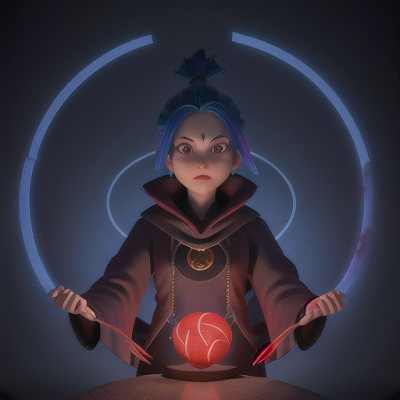 Image For Post Anime Art, Stealthy arcane master, electric blue hair with red highlights, in a dimly-lit chamber