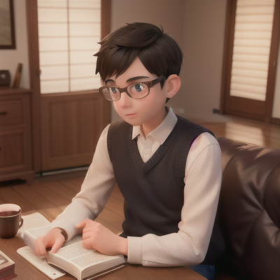 Image For Post Anime Art, Diligent father figure, short black spiky hair and glasses, in cozy living room with traditional sliding doo