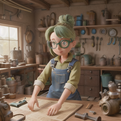 Image For Post Anime Art, Resourceful inventor, olive-green hair in a messy bun, her garage-turned-workshop
