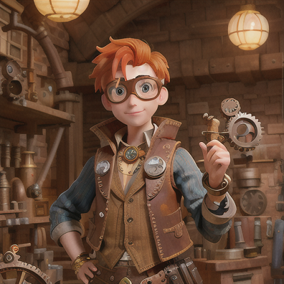 Image For Post | Anime, manga, Resourceful inventor, messy orange hair and goggles on his forehead, in a steampunk-themed workshop, tinkering on a flying machine prototype, various cogs and gears scattered about, brown leather vest with metallic embellishments, detailed and atmospheric illustration, celebrating ingenuity and ambition - [AI Art, Anime Boys Group Theme ](https://hero.page/examples/anime-boys-group-theme-stable-diffusion-prompt-library)