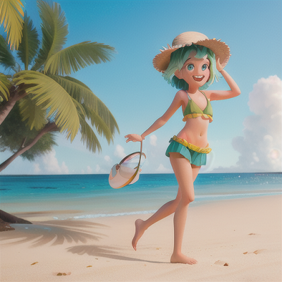 Image For Post Anime Art, Lighthearted beachcomber, spiky green hair and cheerful smile, walking along a peaceful coastal shore