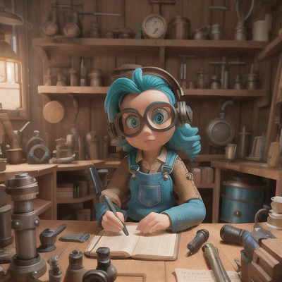 Image For Post Anime Art, Resourceful inventor, teal hair with oversized goggles, in a cluttered workshop