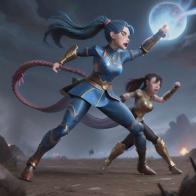 Image For Post Anime Art, Fearless warrior woman, azure hair in a ponytail, stormy battlefield