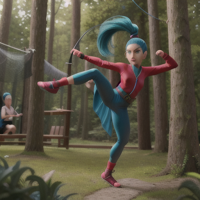 Image For Post Anime Art, Vigilant ninja warrior, flexible teal hair tied in a ponytail, amid a hidden forest dojo