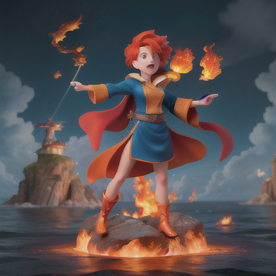 Image For Post Anime Art, Elemental mage, fiery orange hair, standing on a floating rock surrounded by roaring waves