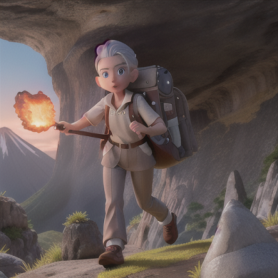 Image For Post Anime Art, Determined geology teacher, silver hair pulled back, at the base of an imposing volcano