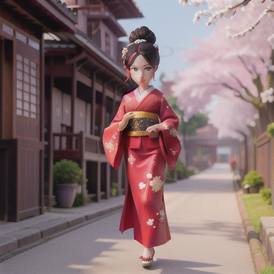Image For Post Anime Art, Curious geisha, elegant black updo with adorned hairpins, strolling through a historical village
