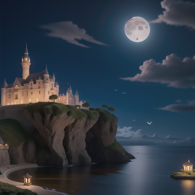 Image For Post Anime, cat, moonlight, ocean, bird, castle, HD, 4K, AI Generated Art