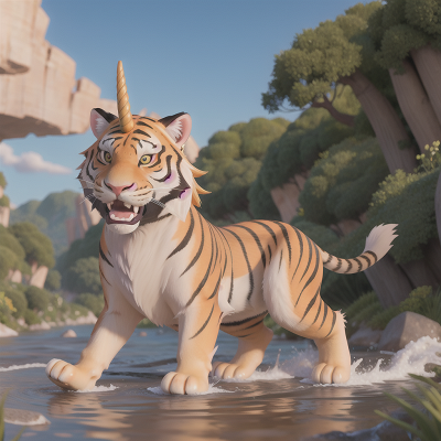 Image For Post Anime, river, sabertooth tiger, bravery, unicorn, rabbit, HD, 4K, AI Generated Art