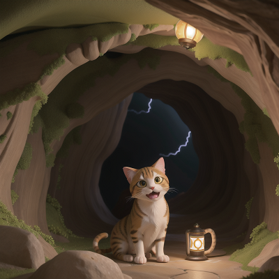 Image For Post Anime, cave, laughter, thunder, lamp, cat, HD, 4K, AI Generated Art
