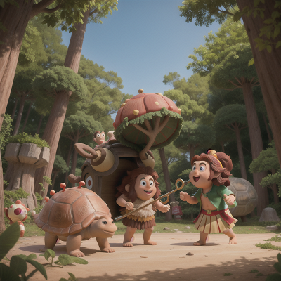 Image For Post Anime, cavemen, turtle, circus, trumpet, forest, HD, 4K, AI Generated Art