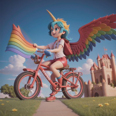 Image For Post Anime, bicycle, castle, phoenix, rainbow, unicorn, HD, 4K, AI Generated Art