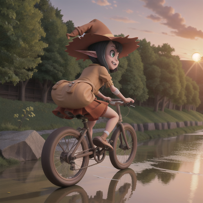 Image For Post Anime, bicycle, goblin, sunrise, river, witch, HD, 4K, AI Generated Art