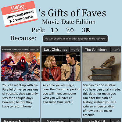 Image For Post | 'Movie Date' Gift of Faves CYOA based on films released in 2019, by UnendingJunrei and Jayemouse.