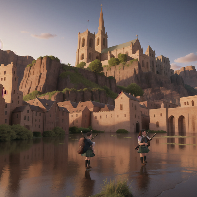 Image For Post Anime, bagpipes, flood, cathedral, desert, village, HD, 4K, AI Generated Art