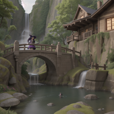 Image For Post Anime, witch's cauldron, ninja, bridge, waterfall, umbrella, HD, 4K, AI Generated Art