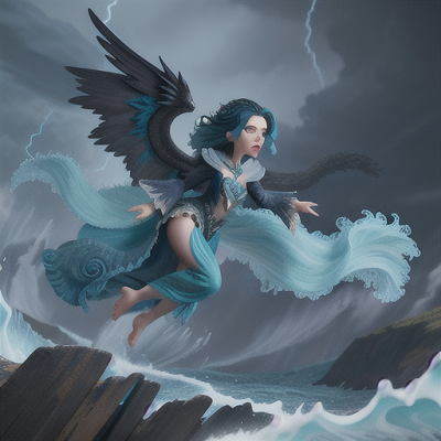 Image For Post Anime Art, Fearless elemental sorceress, dark turquoise hair and ethereal wings, amid a turbulent stormy ocean