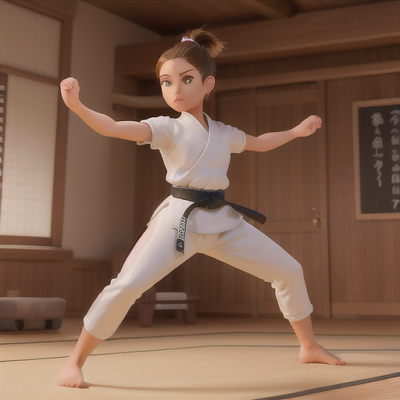 Image For Post Anime Art, Young martial artist, brown hair tied in a high ponytail, in a dojo with students observing