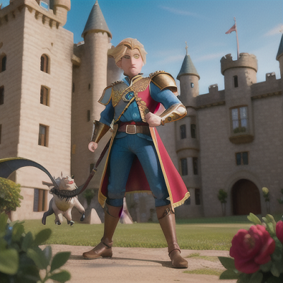 Image For Post Anime Art, Dashing noble knight, short-chopped blond hair and azure eyes, outside a magnificent castle