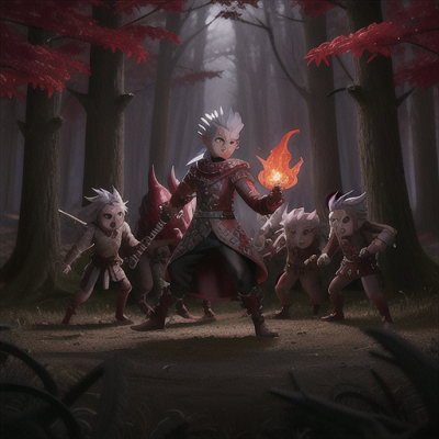 Image For Post Anime Art, Fearless demon slayer, spikey silver hair and crimson eyes, within a dimly lit haunted forest