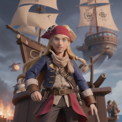 Image For Post Anime Art, Fearless pirate captain, long blond hair with an iconic bandana, aboard a stylish skyship