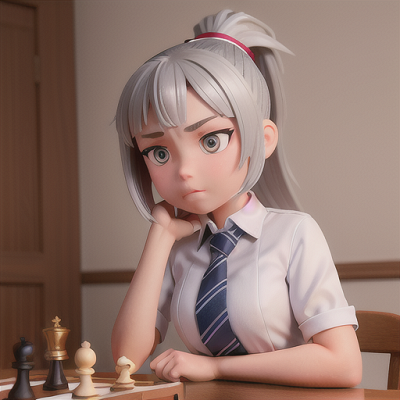 Image For Post Anime Art, Determined transfer student, silver ponytail and steely gaze, at her first high-pressure national chess cham