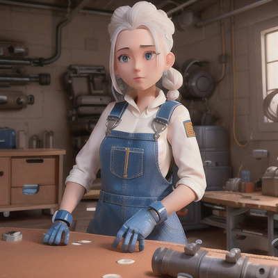 Image For Post Anime Art, Hardworking mechanic girl, platinum hair in a half-up hairstyle, in a bustling garage during the day