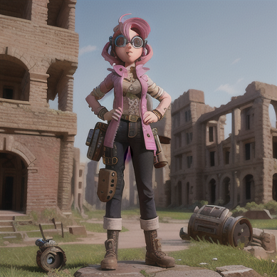 Image For Post Anime Art, Time-traveling adventurer, wild pink hair and clockwork goggles, standing among ruins of an ancient civiliza