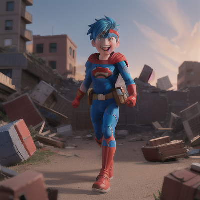 Image For Post Anime Art, Friendly neighborhood superhero, stylish blue hair with red headband, in the midst of protecting citizens