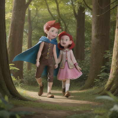 Image For Post Anime Art, Adventure-seeking sibling duo, red-haired boy and blue-haired girl, in an enchanted forest