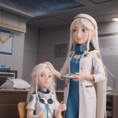Image For Post Anime Art, Nurturing medical officer, long white hair and compassionate expression, inside a space clinic