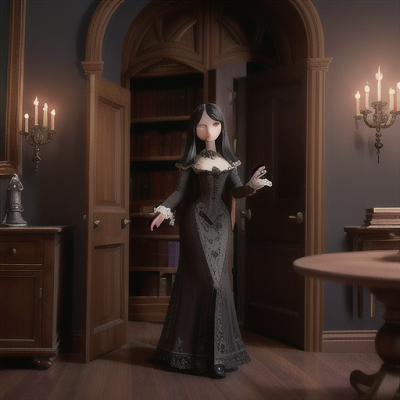 Image For Post Anime Art, Library investigator, silver-eyed girl with long black hair, exploring a mysterious gothic library
