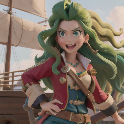 Image For Post Anime Art, Fearless pirate captain, long wavy green hair, in a bustling port town