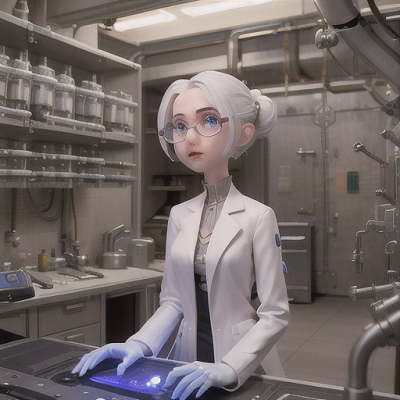 Image For Post Anime Art, Insidious scientific genius, platinum-haired woman with glasses, in a high-tech laboratory
