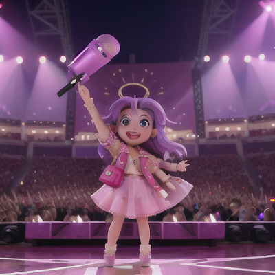Image For Post Anime Art, Charismatic popstar, long lavender hair with a microphone, on stage during a concert at twilight