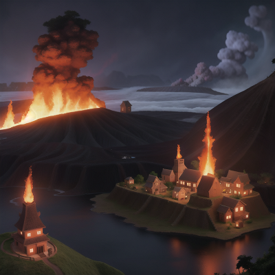 Image For Post Anime, village, volcanic eruption, haunted graveyard, fog, island, HD, 4K, AI Generated Art
