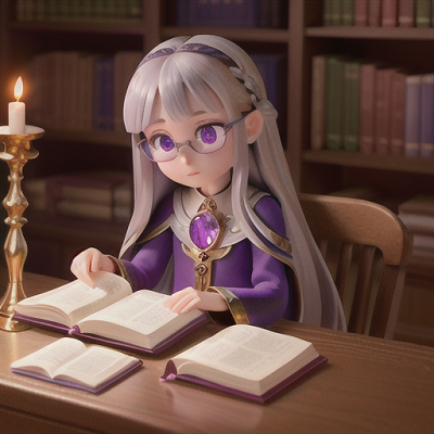 Image For Post Anime Art, Intellectual mage prodigy, long silver hair and violet eyes, in a grand school library